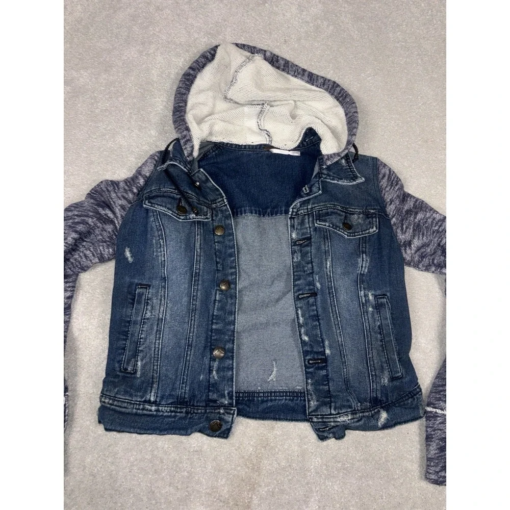 Free People Women's Cotton Denim Jean Woven Knit Sleeves Hoodie Jacket Blue Gray - Picture 5 of 10
